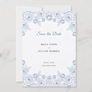 Save The Date Élégant mariage bleu et blanc à motifs floraux de