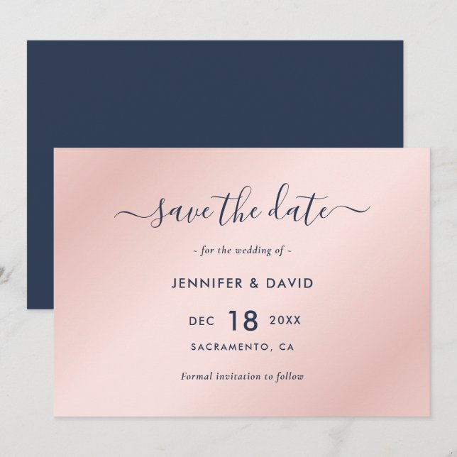 Save The Date Elégant Mariage bleu et bleu marine (Devant / Derrière)