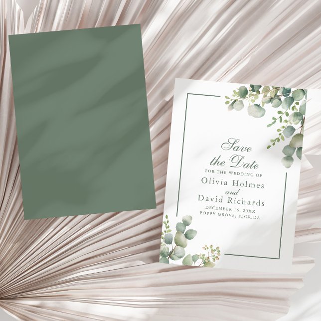 Save The Date Elégant Mariage botanique Eucalyptus (Elegant Greenery Eucalyptus Botanical Wedding Save The Date on a sunny neutral dry palm leaf.)