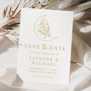 Save The Date Élégant Mariage Botanique Lune et Étoiles Or