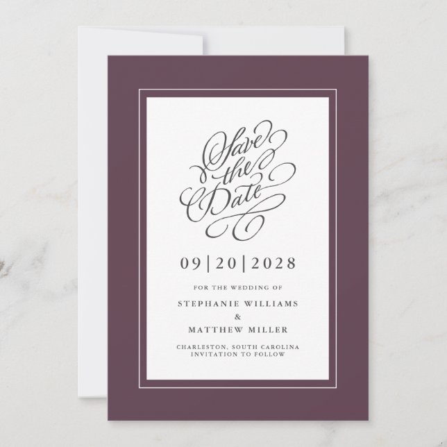 Save The Date Élégant Mariage Calligraphie Script Chic Purple (Devant)