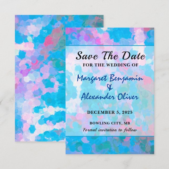 Save The Date Elégant Mariage couleur bleu rose Aquarelle (Devant / Derrière)