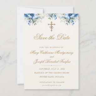 Save The Date Élégant mariage croix florale bleue or religieux