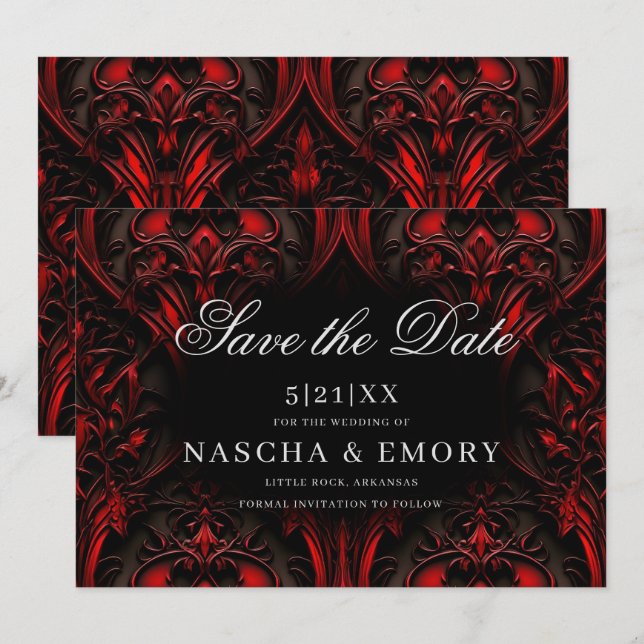 Save The Date Elégant Mariage damassé gothique rouge et noir (Devant / Derrière)