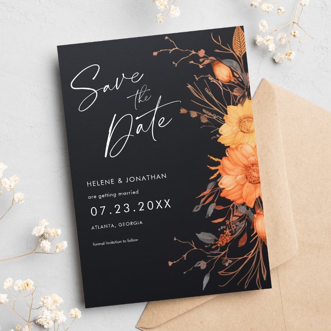 Save The Date Elégant Mariage d'aquarelle de couleur noire (Elegant Black Fall Floral Watercolor Wedding Save The Date)