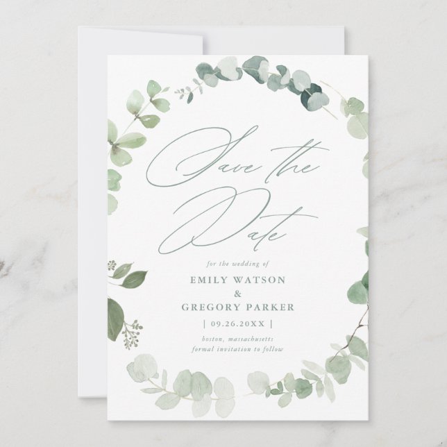 Save The Date Élégant Mariage de calligraphie Eucalyptus (Devant)