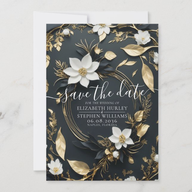 Save The Date Élégant Mariage de couronnes florales noir blanc e (Devant)