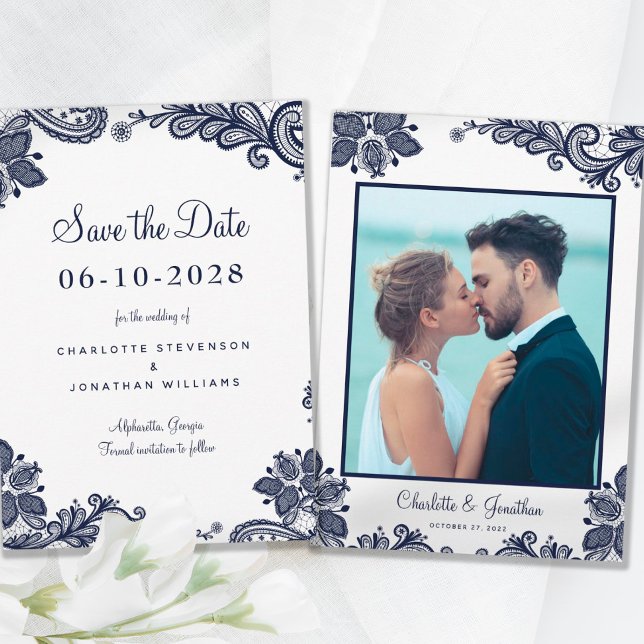 Save The Date Élégant Mariage de dentelle Fiançailles photo bleu (Créateur téléchargé)