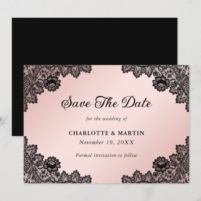 Save The Date Élégant Mariage de dentelle florale noir et blanc (Devant / Derrière)