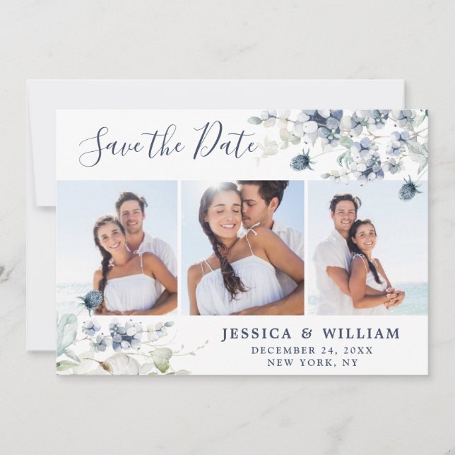 Save The Date Élégant Mariage de feuillage bleu Dusty 3 PHOTO (Devant)