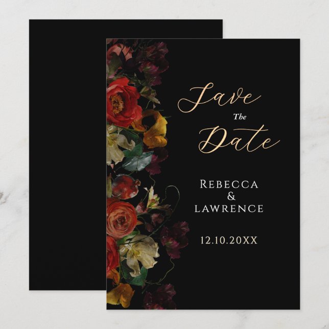Save The Date Élégant mariage de fleurs sombres (Devant / Derrière)