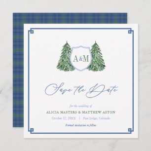 Save The Date Élégant Mariage de forêt d'hiver Monogram Tartan