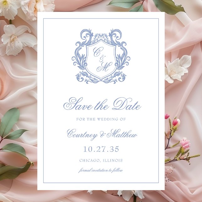 Save The Date Élégant Mariage de Monogram Blue Dusty (Créateur téléchargé)