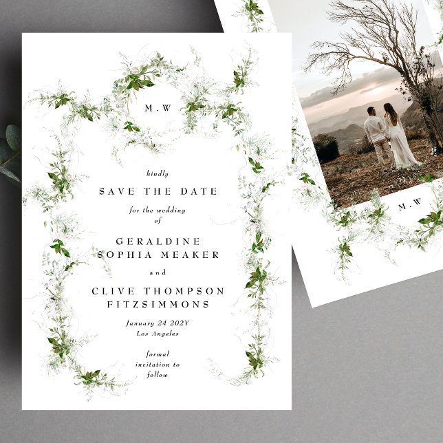 Save The Date Élégant Mariage de monogramme de couronne Eucalypt (Créateur téléchargé)