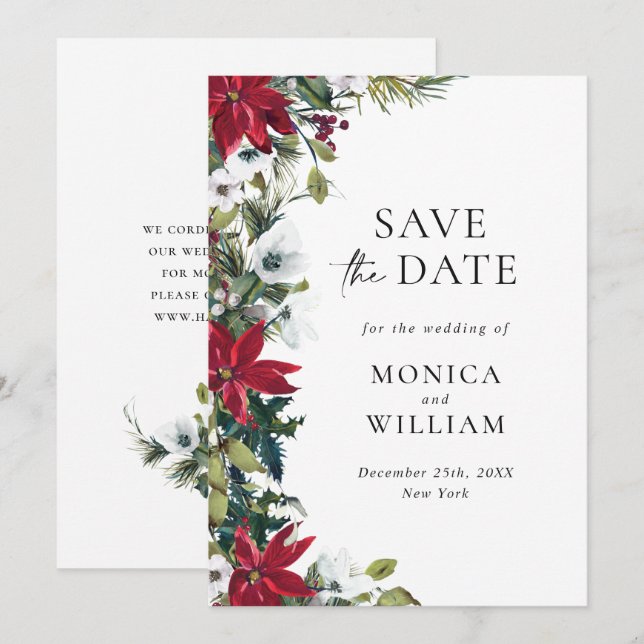 Save The Date Élégant Mariage de Noël Rouge Poinsettia (Devant / Derrière)