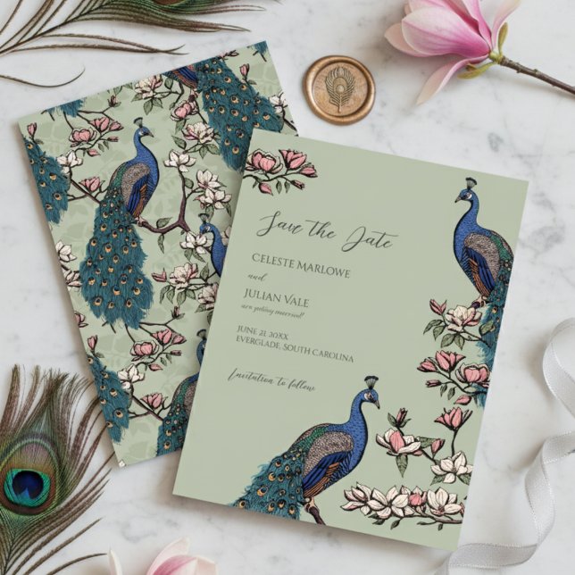 Save The Date Élégant Mariage de Peacock Floral Sage (Sage Peacock Save the Dates for Modern Bird Wedding. Vintage Floral Peacock Chinoiserie Engagement )