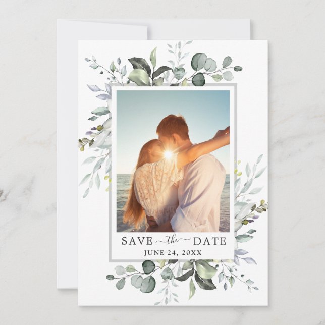 Save The Date Elégant Mariage de PHOTO Eucalyptus aquarelle (Devant)