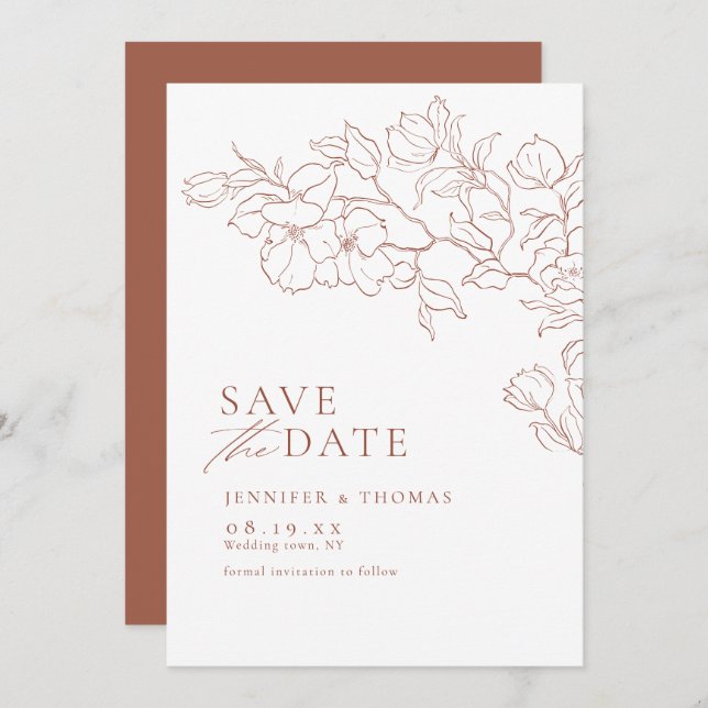 Save The Date Élégant mariage de terre cuite florale dessiné à l (Devant / Derrière)