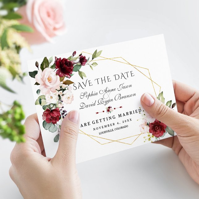 Save The Date Élégant Mariage de trame dorée flush Bourgogne (Créateur téléchargé)