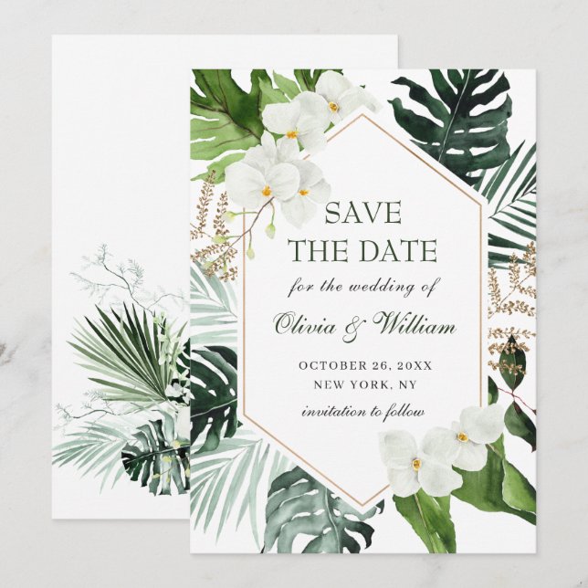 Save The Date Elégant Mariage de verdure Bohème Orchidée Blanche (Devant / Derrière)