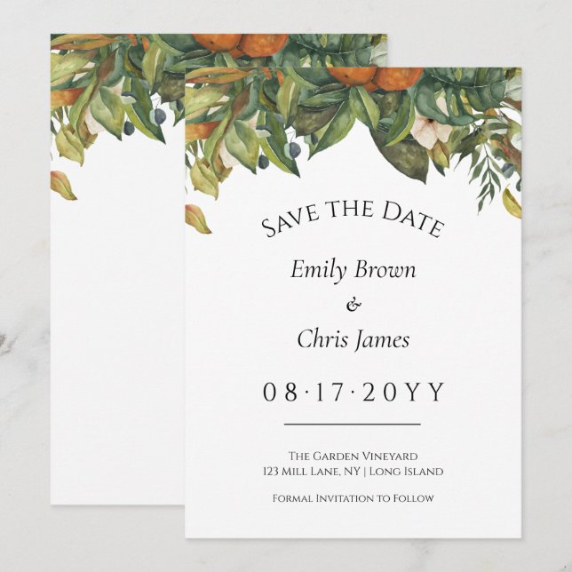 Save The Date Élégant Mariage de verdure des agrumes botaniques (Devant / Derrière)