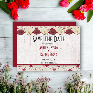Save The Date Élégant Mariage d'été à cadre floral rouge Bourgog