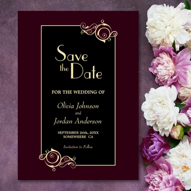 Save The Date Élégant Mariage d'or de Bourgogne noire (Créateur téléchargé)