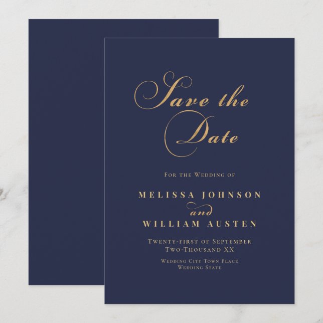 Save The Date Élégant Mariage d'or de la marine (Devant / Derrière)
