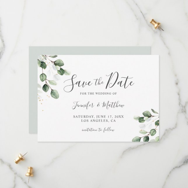 Save The Date Elégant Mariage d'or Eucalyptus (Devant/Arrière en situation)