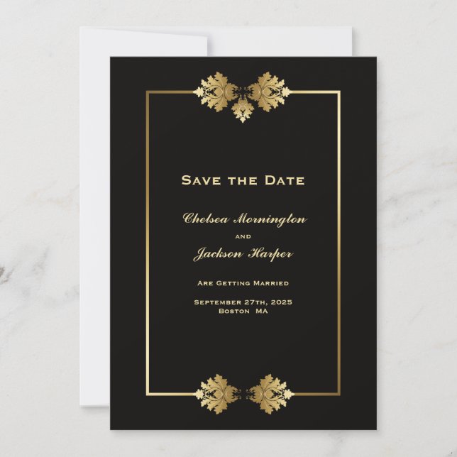 Save The Date Élégant Mariage d'or noir moderne (Devant)