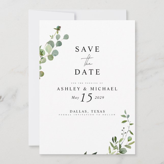 Save The Date Elégant Mariage en marbre botanique Eucalyptus (Devant)