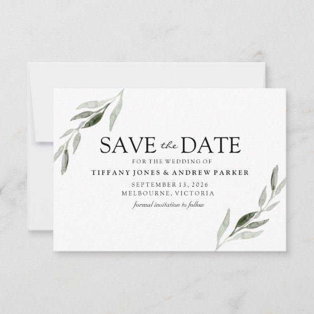Save The Date Élégant Mariage Feuille Verte Enregistrer La Date (Devant)