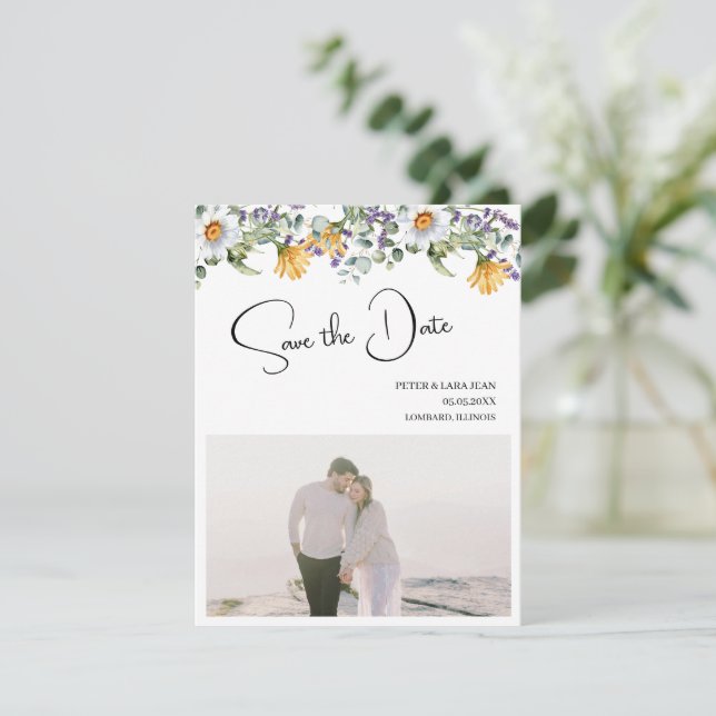 Save The Date Élégant Mariage Fleur sauvage jaune violet (Debout devant)