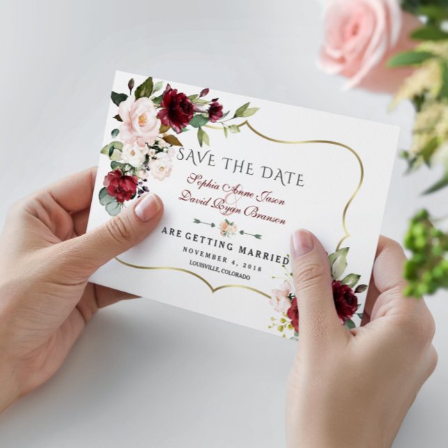 Save The Date Élégant mariage Fleurs Rose Bourgogne Cadre Doré (Créateur téléchargé)