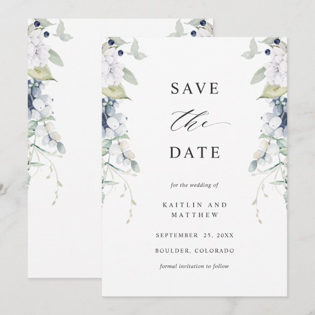 Save The Date Élégant Mariage floral blanc et bleu (Devant / Derrière)
