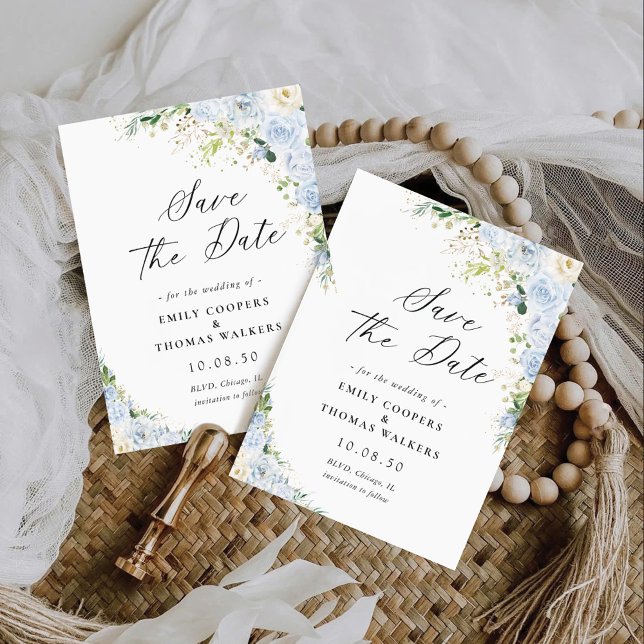 Save The Date Elégant Mariage Floral Bleu Dusty Enregistrer La D (Créateur téléchargé)