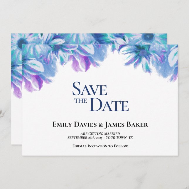 Save The Date Elégant mariage floral bleu Enregistrer la date (Devant / Derrière)