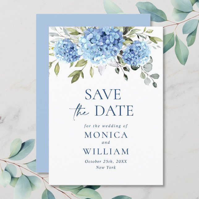 Save The Date Élégant Mariage floral Blue Hydrangea (Créateur téléchargé)