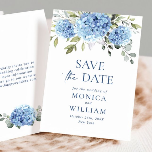 Save The Date Élégant Mariage floral Blue Hydrangea (Créateur téléchargé)