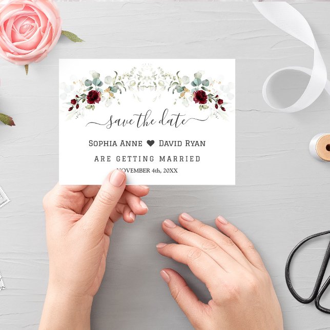 Save The Date Élégant mariage floral burgundy feuilles aérées  (Créateur téléchargé)