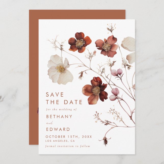 Save The Date Élégant Mariage floral d'automne (Devant / Derrière)