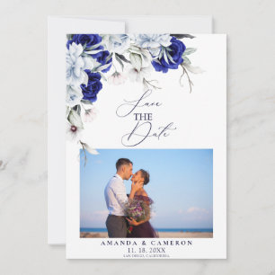 Save The Date Elégant Mariage floral Dusty Blue Navy