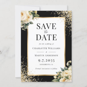 Save The Date Élégant Mariage floral en or noir Confetti