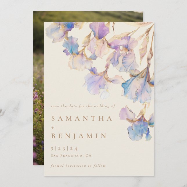 Save The Date Elégant Mariage Floral Iris (Devant / Derrière)