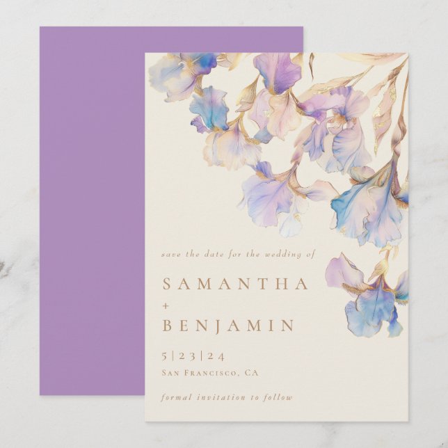 Save The Date Élégant Mariage floral Iris (Devant / Derrière)
