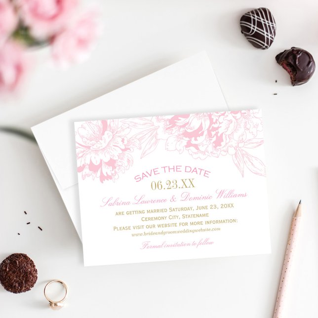 Save The Date Elégant Mariage Floral Peony Or rose (Créateur téléchargé)