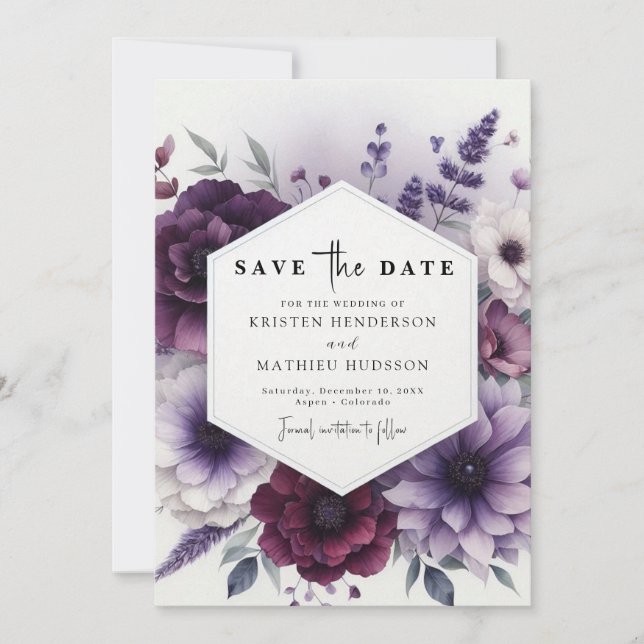 Save The Date Élégant Mariage Floral Purple Minimal (Devant)