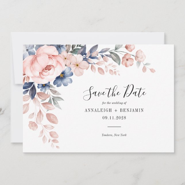 Save The Date Élégant Mariage floral rose (Devant)