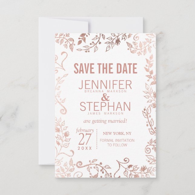 Save The Date Élégant Mariage Floral Rose Blanche Or (Devant)