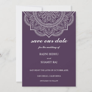 Save The Date Élégant Mariage hindou indien Eggplant Paisley